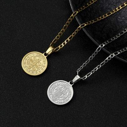 dollrinboy 1 pieza Collar con medalla de San Benito chapado en oro de 14K para hombres y mujeres, regalo religioso católico de exorcismo, con cadena de acero inoxidable plana de 3MM