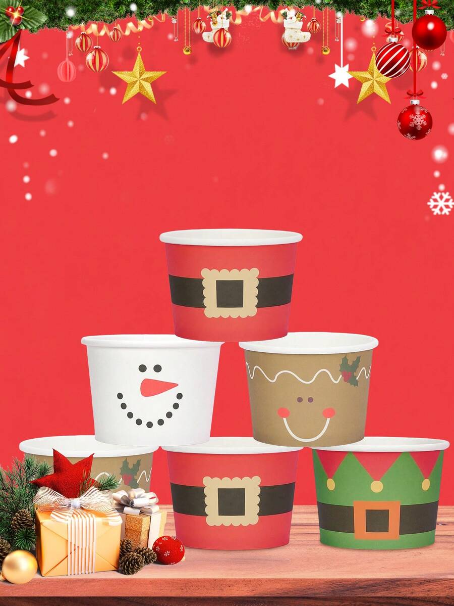 10 piezas Vasos desechables para aperitivos navideños 2026 Vasos de papel para helado con diseño de cinturón de Papá Noel y muñeco de nieve, tazones para postre, sopa fría o caliente para fiestas y decoraciones navideñas