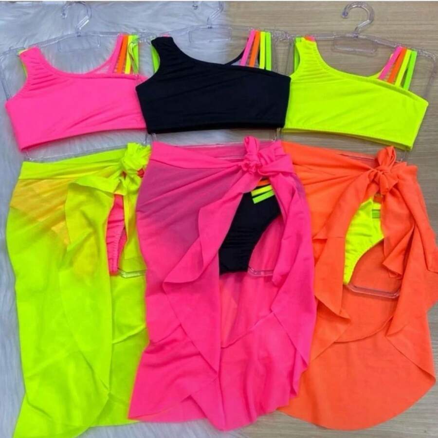 Kit Biquini com saída de praia 2 ao 16 - Rosa chiclete - Visão 1