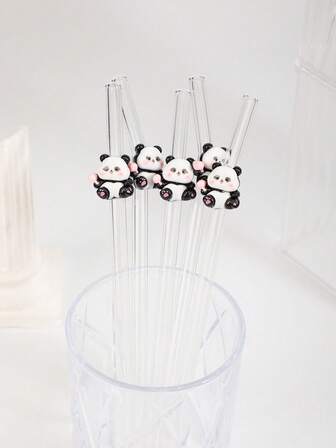 1 pieza/2 piezas Pajita de vidrio con diseño de panda lindo | Reutilizable | Incluye cepillo de limpieza | Calidad de tienda de té con burbujas | Perfecta para té con queso/té de boba/cócteles | Esencial de cafetería | Regalo ideal para mejor amigo/cumpleaños | Esencial de cocina