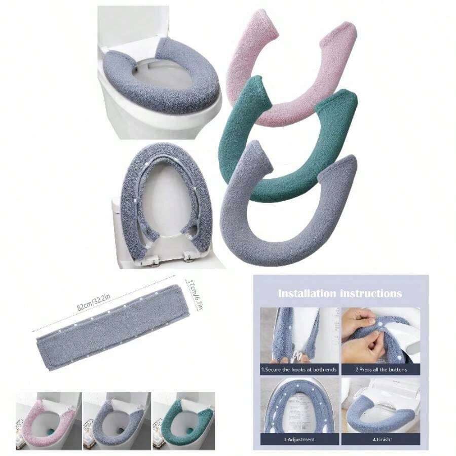 Paquete de 3 fundas de asiento de inodoro, suave y grueso con broches fijos, elsticos, lavables de fibra de tela de asiento de inodoro gris, rosa, verde - Funda de asiento, 2 unidades, azul y rosa - Ver 1