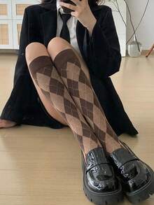 1 Pairs Women Rhombus Plaid Knitted Socks, Leg Slimming Retro Collegiate Style Mid-Calf Socks For Everyday Wear - Cà phê nâu - Xem 6