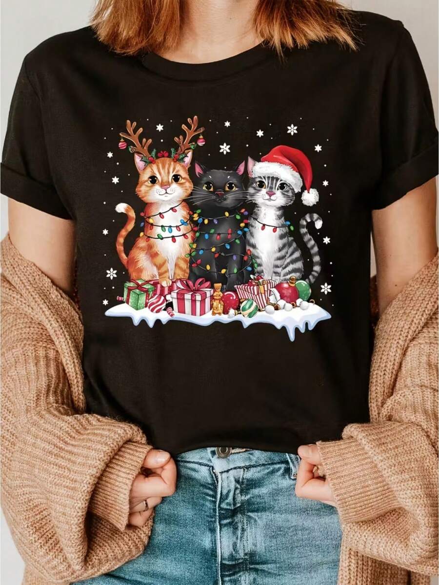 Camiseta playera básica gráfica estampada casual dama mujer manga corta cuello redondo look casual relajado cómodo versátil fresca ligera colorido diseño navidad año nuevo gatitos regalos - Negro - Ver 1
