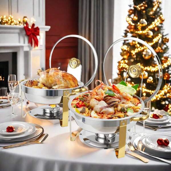 Set di piatti per buffet da 1-2-4, Scalda vivande e scaldavivande per buffet da 5 qt, Scaldavivande rotondi per catering in acciaio inossidabile con coperchio in vetro e supporto per coperchio, solo per la cottura