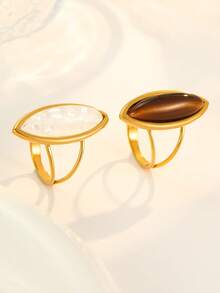 قطعتان من الحلقات المفتوحة المطلية بالذهب من الفولاذ المقاوم للصدأ، مرصعة بأحجار كريمة بيضاء وعين النمر، مناسبة للنساء أو كهدايا