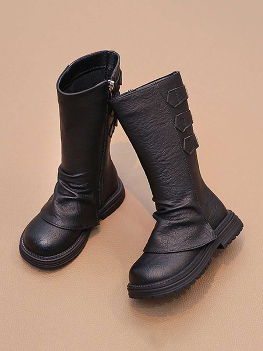 Children's Boots, New Autumn 2025 Outdoor Ankle Boots Mid-Calf Boots, Girls Metal Buckle Work Boots, Anti-Slip - Black - View 1