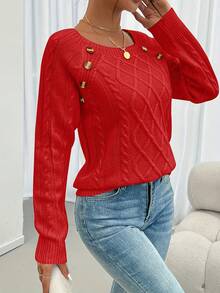 Women's Elegant Striped Sweater - Soft Crew Neck Long-Sleeve Pullover With Decorative Buttons, Medium Stretch, Machine-Washable, Comfortable Autumn & Winter Top Suitable For Casual Or Formal Outfits, Cute Sweater - 紅色 - 查看 2