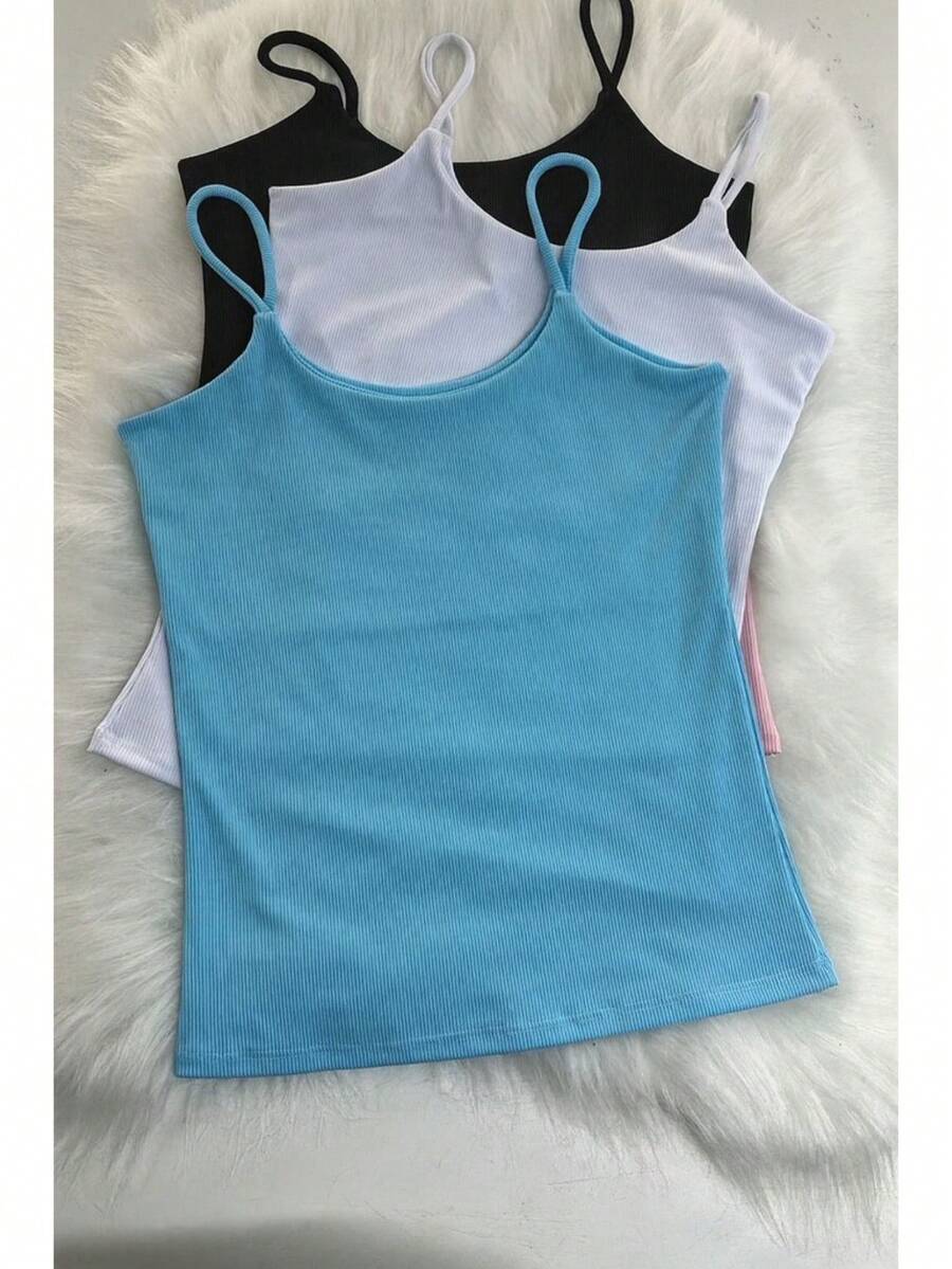 Kit 3 Women's Suplex Ribbed Tank Top With Thin Straps, Ribbed Blouse, Summer Stylish, Fashion Blogger Colors, Summer - XANH/TRẮNG/ĐEN - Xem 1