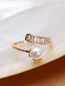 1pc 18K Gold Plated Natural Pearl & Cubic Zirconia Adjustable Ring For Women