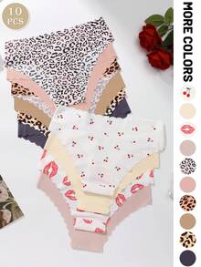 10pcs/Pack Women's Seamless Panties, Soft & Comfortable Hipster Briefs, Leopard Print Sexy Underwear - Multicolor - View 1