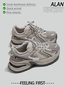 Alan Vincent[Free Returns And Exchanges][Local Delivery][Quick Arrival][City Sneaker Series]Women's Sneakers New Thick Soled Height-Increasing Women's Gray Shoes Fashionable And Comfortable Soft Shoes Can Be Paired With Various Pants And Clothes Outdoor Sports Shoes Street Style Box Packaging - 灰色 - 查看 1