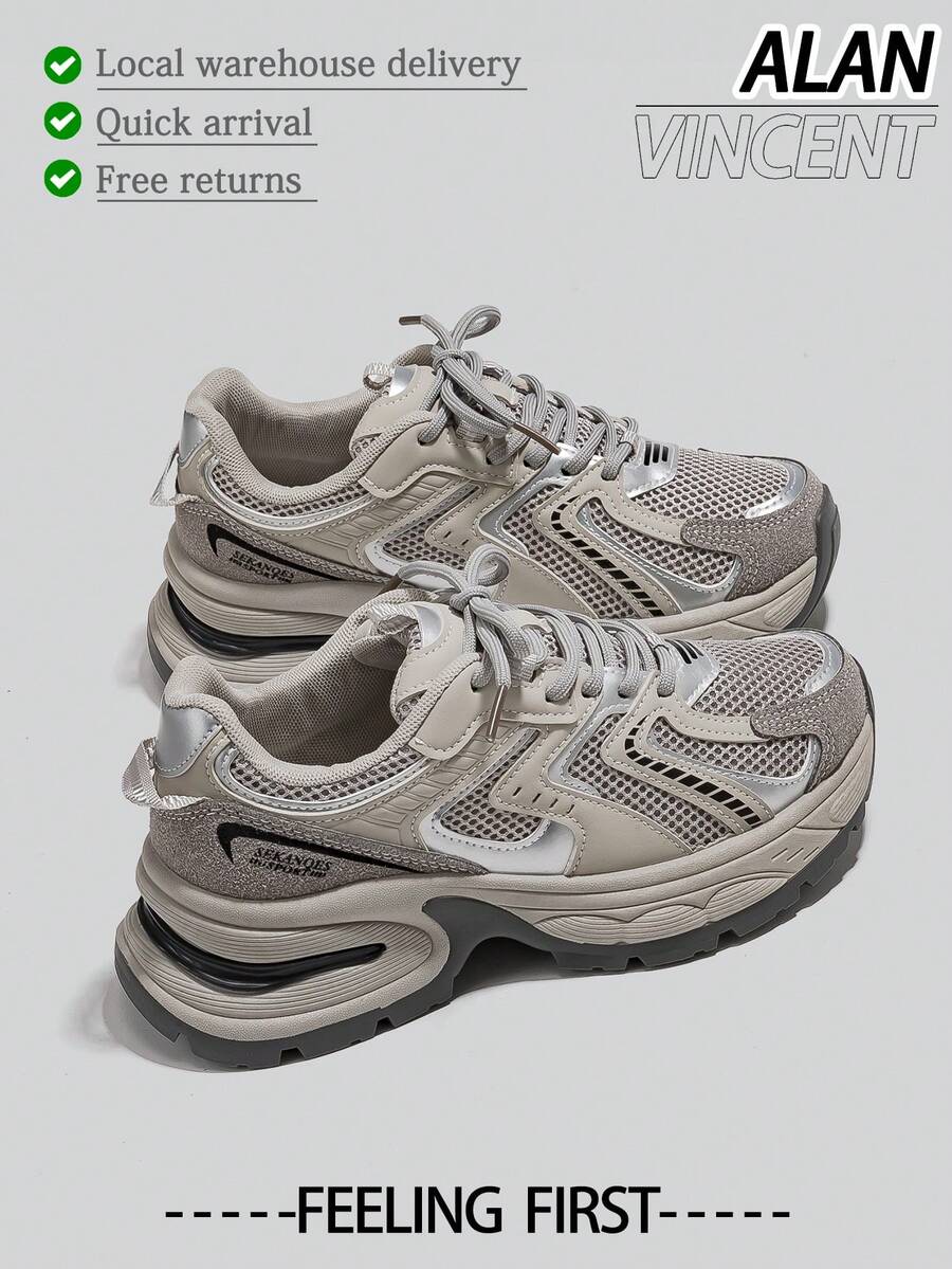 Alan Vincent[Free Returns And Exchanges][Local Delivery][Quick Arrival][City Sneaker Series]Women's Sneakers New Thick Soled Height-Increasing Women's Gray Shoes Fashionable And Comfortable Soft Shoes Can Be Paired With Various Pants And Clothes Outdoor Sports Shoes Street Style Box Packaging - 灰色 - 查看 1