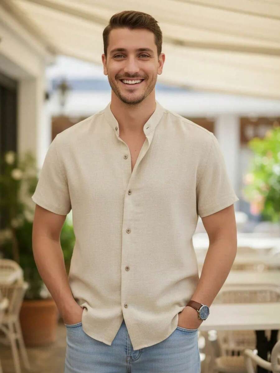 Men's Pader Collar Shirt Short Sleeve New Summer Premium Comfortable - Màu be - Xem 1