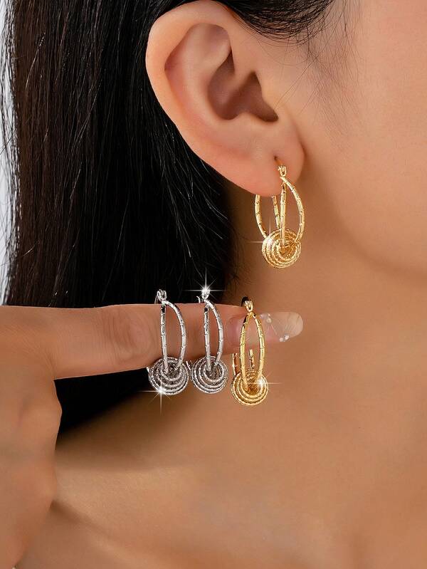 1 Pair Multi-Layer Wrapped Ball Bamboo Texture Design Gold & Silver Earrings, Suitable For Women & Girls For Multiple Occasions