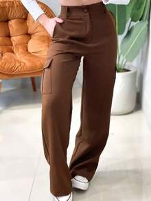 Women's Tailored Cargo Pants Wide-Leg Pantaloons With Side Pockets - Rỉ Nâu - Xem 1