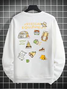 男士休闲街头风“野花绽放”卡通露营图案印花圆领卫衣，秋冬款，长袖上衣 - 白色 - 查看 4