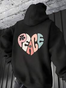 1 Herren Peace Heart & Graphic Kapuzenpullover - Weicher, übergroßer Oversized-Pullover Mit Rosa Schriftzug, Schwarze Casual Streetwear Für Fitnessstudio, Wandern