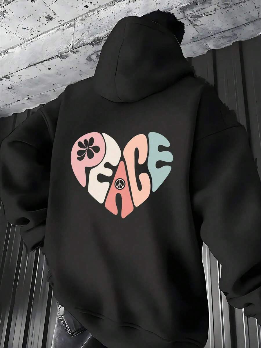 1 Herren Peace Heart & Graphic Kapuzenpullover - Weicher, übergroßer Oversized-Pullover Mit Rosa Schriftzug, Schwarze Casual Streetwear Für Fitnessstudio, Wandern