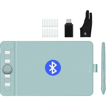 Bluetooth Wireless Drawing Tablet WH851 Graphics Tablet Digital Art Tablet Supports 16384 Levels Intuitive Dial With 8 Shortcut Keys Work With Windows And Android And  8 X 5 Inches Green