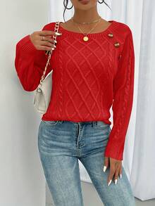 Women's Elegant Striped Sweater - Soft Crew Neck Long-Sleeve Pullover With Decorative Buttons, Medium Stretch, Machine-Washable, Comfortable Autumn & Winter Top Suitable For Casual Or Formal Outfits, Cute Sweater - 紅色 - 查看 5
