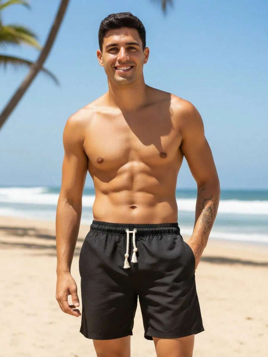 Men's Linen Shorts Premium Line With Drawstring Cool Fabric Comfortable Everyday And Leisure Summer End Of Year - Black - View 1