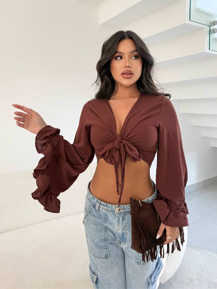 Multi-Form Cropped Tie-Up Flare Sleeve Loose Ruffle - Rust Brown - View 1