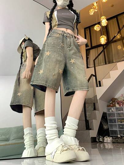 2026 New American Retro Denim Bermuda Shorts, Straight Loose Fit Flattering Wide Leg Pants For Women