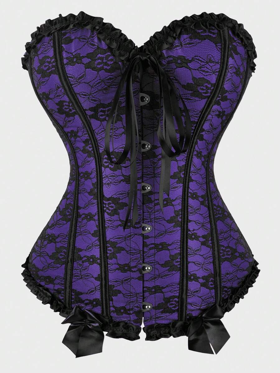 Woman' Plus-Size Corset Top, Renaissance Lingerie, Tie Bow Front Flower, Sexy Retro Shapewear - Purple - View 1