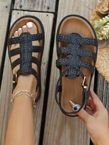 Minimalist Chic Flat Slippers, Fashionable Strap Casual Beach Sandals - Black - View 1