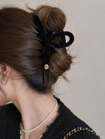 1pc Women's Black Flocked Double-Sided Bow Letter Crossed Hair Clip, Fashionable Minimalist Design, Suitable For Everyday Use Elegant Claw Clip Winter Hair Accessories Fashion Hair Clutch