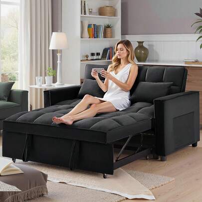 3 In 1 Convertible Sleep Sofa Bed Modern Velvet Sofa, Sofa Pull-Out Bed, Small Love Seat Casual Sofa With Back, With Pillow, Pockets, Living Room Furniture,(Light Gray)