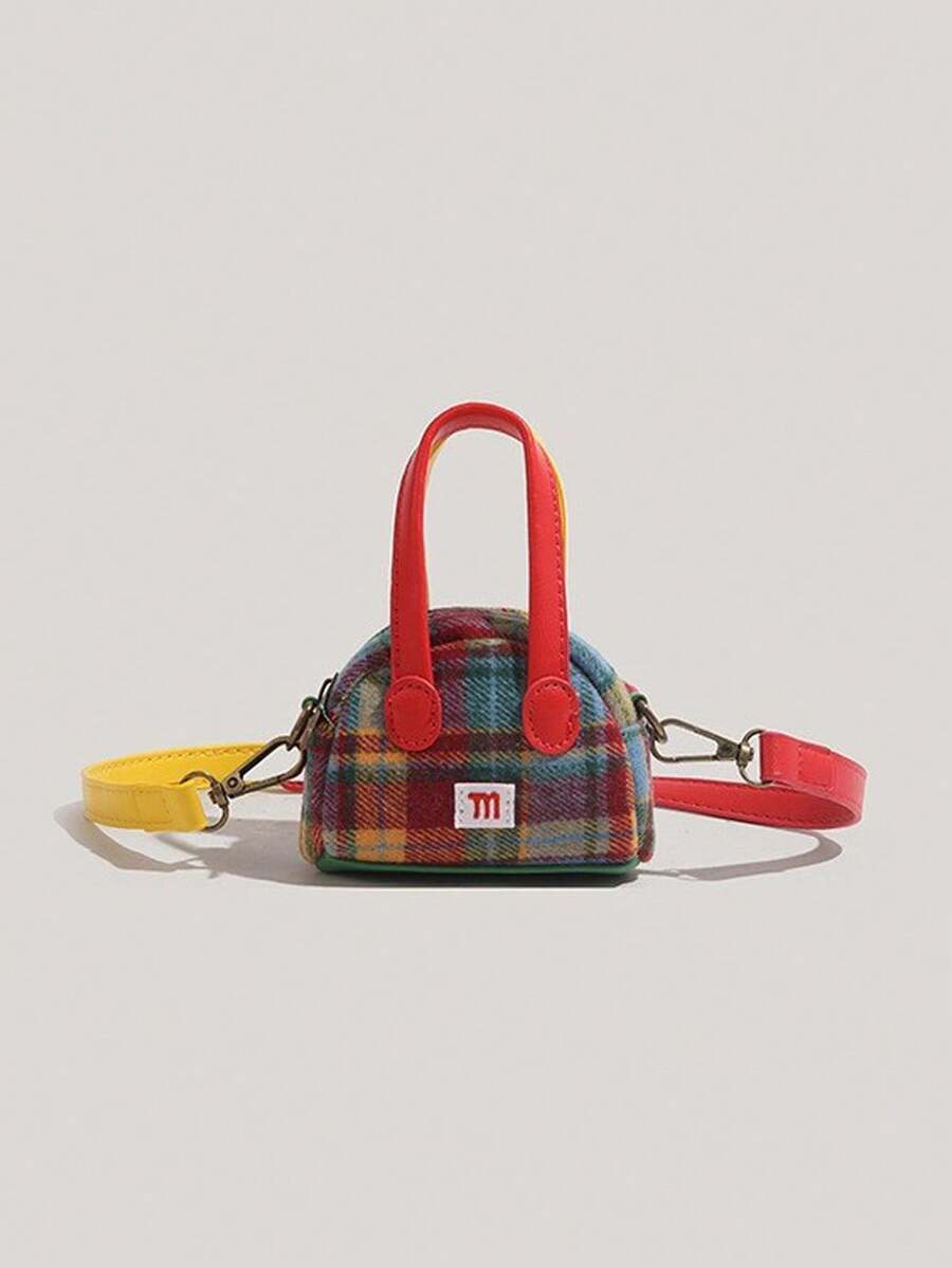 PU皮革和布料拼接时尚迷你手提包，配有双色可调节肩带，可爱轻便，适合作为礼物 - 彩色 - 查看 1