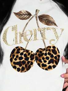 Conjunto set paquete pack 2 piezas dama mujer playera camiseta blusa gráfica manga corta cuello redondo shorts leggings biker cortos básico casual estampado cereza cherry animal print leopardo - Blanco y Negro - Ver 3