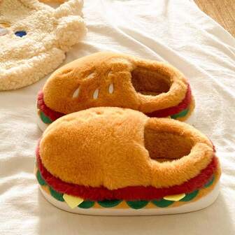 Creative Cute Burger Plush Slippers, New Winter Indoor Home Thick Bottom Warm Non-Slip Outdoor Wearable Plush Slippers