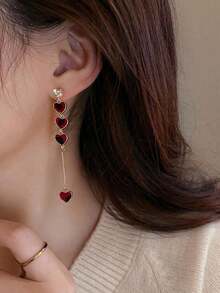 [Lowest Price In 30 Days]2023 New Arrivals Asymmetrical Heart Shaped And Metal Chain Designs Fashionable Personalized Lady Long Earrings - 紅色 - 查看 2
