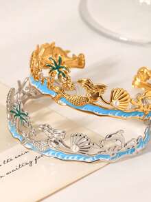 2pcs Bohemian Style Ocean Beach Stainless Steel Dangle Bracelet & Ring Jewelry Set, Featuring Starfish, Palm Tree, Shell, Pearl, Mermaid, Dolphin Designs, Suitable For Women Holiday Travel