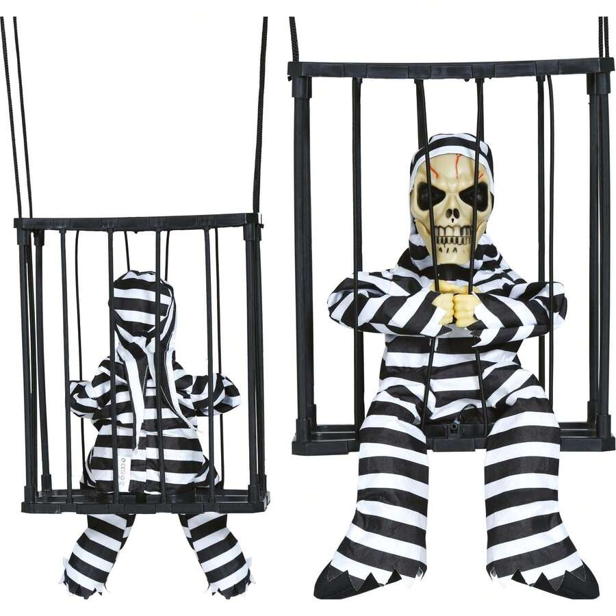 Fiestas Guirca Imprisoned Skeleton With Skull Mask For Themed And Children's Costumes, Halloween Decorative Figure With Cage And Movement, Perfect For Spooky Celebrations And Halloween Decorations - Multicolor - View 1