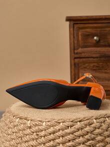 7cm Orange Chunky Heel Pointed Toe Women's High Heels, French Minimalist Style With Adjustable Metal Buckle & Hollow-Out Design, Comfortable For Commuting - Orange - View 7