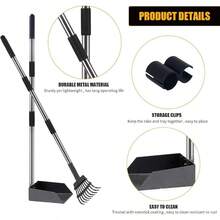CHIEFAWAY Pooper Scooper Pet Poop Scoop Tray And Rake Adjustable Stainless Steel Long Metal Handle Dog Waste Set Garden Cleaning Kit 2 Pack Easy To Wash BlackSilver - BlackSilver - View 4