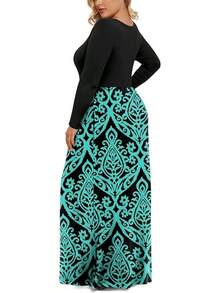 2025 Women's Plus Size Maxi Dresses For Curvy Women Casual Long Dress XL-6XL - 螢光黑+綠松石 - 查看 3