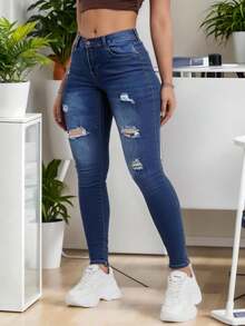 Jeans ajustado para mujeres para uso casual diario ,Pantalones vaqueros azules ajustados elásticos ,Vístete cómoda y con estilo, Pantalones Skinny Jeans de Mezclilla, Efecto Levanta Glúteos, Diseño de múltiples botones, Jeans pitillo con estampado de bigotes de gato para atuendo diario - Azul lavado medio - Ver 3