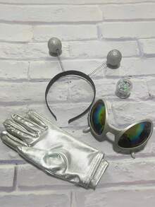 4pcs/Set Holiday Party Fun Cosplay Alien Halloween Valentine's Day Gift Glasses + Headband Mask Makeup Ball Party Gloves Hair Accessories Costume Props, New Glitter Sequin Christmas Party Stage Outfit