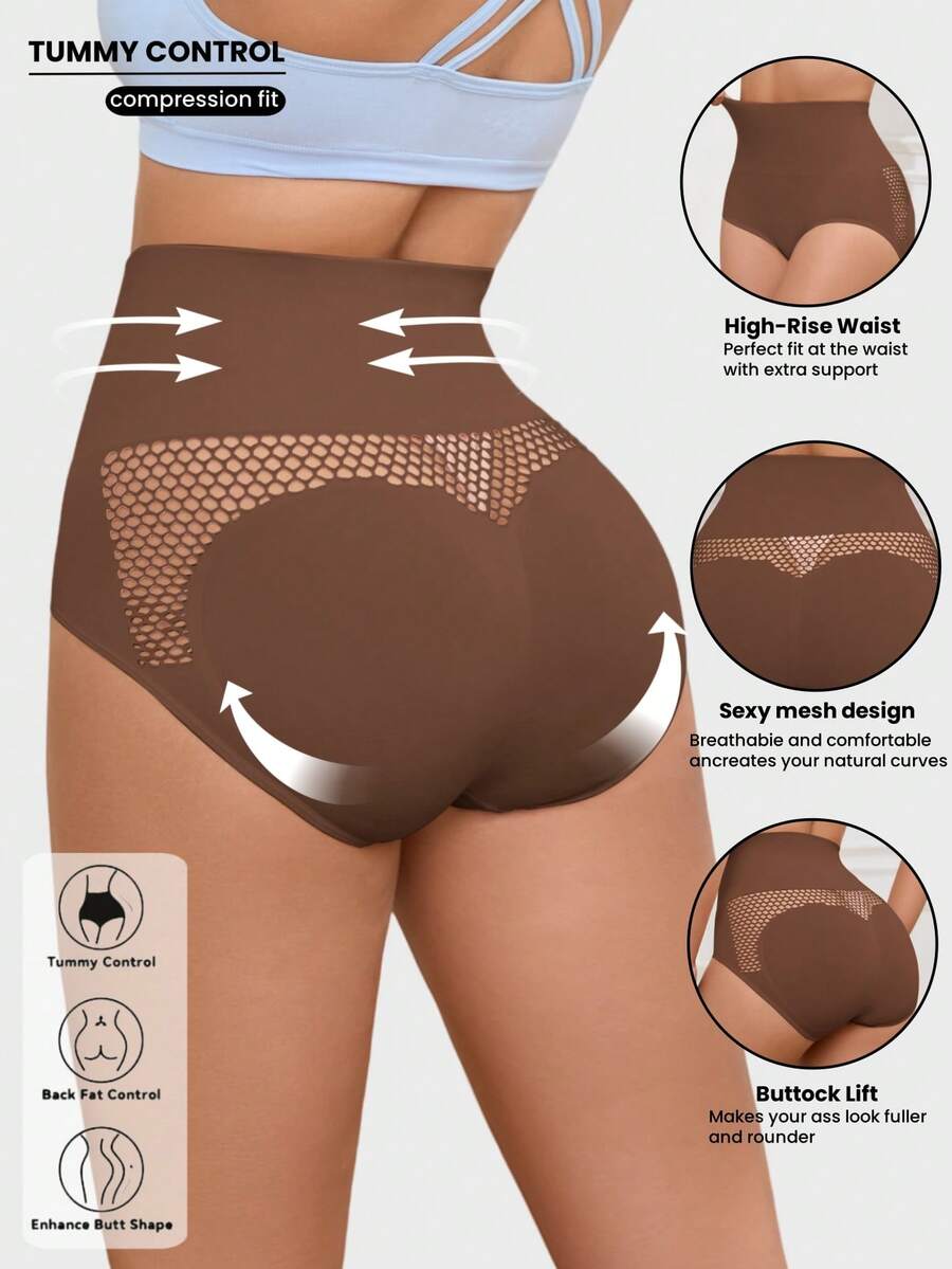 1 件女士无缝高腰罗纹塑身内裤，透气心形性感网眼镂空设计丁字裤 - 棕色 - 查看 1