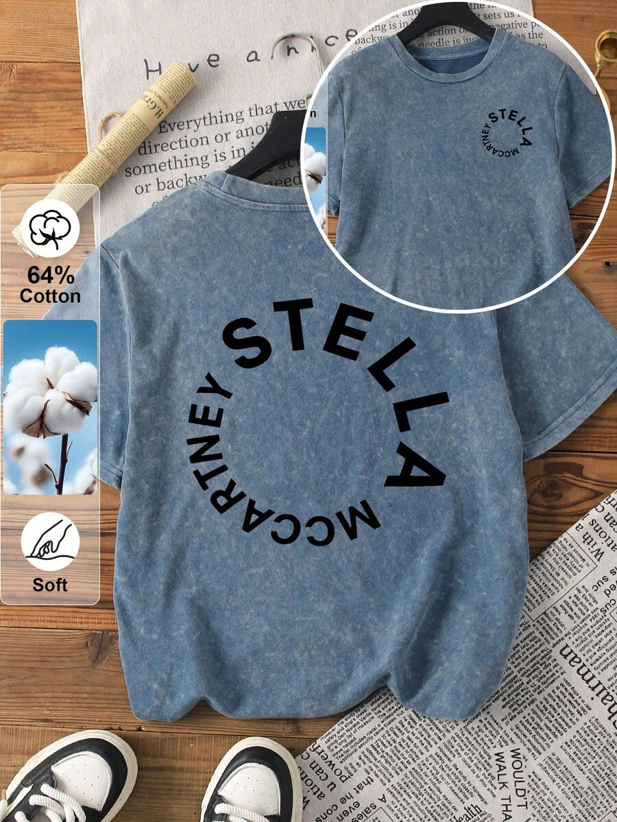 Women's Plus-Size Retro Double-Sided Letter Pattern Printed T-Shirt, Summer Casual Short-Sleeve Round-Neck T-Shirt, Everyday Summer Wear, Washed Texture, Patterned Printed T-Shirt - Blue - View 1