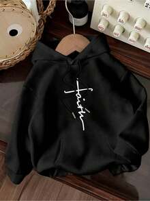 Plus Size Women "Faith" Cross Graphic Sweatshirt, Loose Casual Autumn/Winter Fashion - Black - View 5