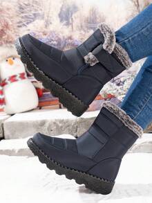 女士户外雪地靴，保暖内衬，厚底，中筒，圆头，平跟，加大码 36-45，防水防滑，高帮，防寒，中年靴，黑色 - 藍色 - 查看 2