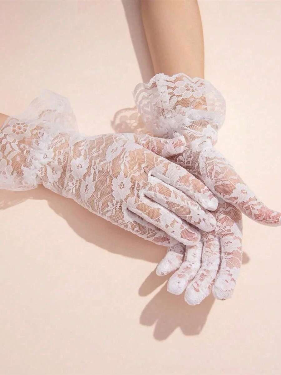 1Pair Women's Gothic Lace & Rose Party Gloves - Ruffle Trimmed Elegant Gloves For Halloween, Bridal Events & Winter, Polyester With Contrast Lace, Sexy Halloween Accessories - White - View 1