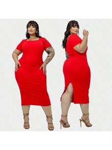 Vestido Midi Plus Size Acinturado Modelador Manga Curta - Vermelho - Visão 4