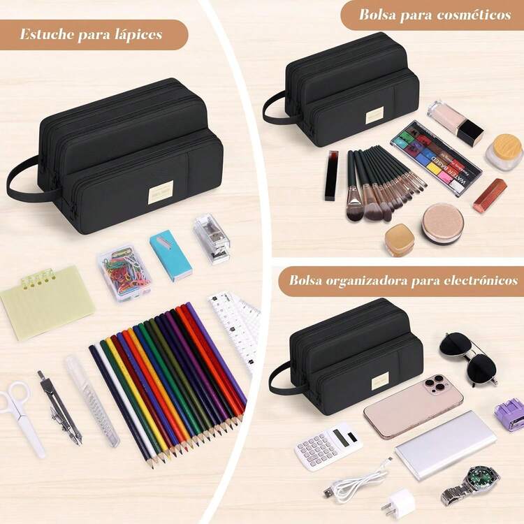 Almacenamiento de papelería Lubardy Estuche para Lapices de Gran Capacidad Lapicera Impermeable Tela Oxford Lapiceras Organizadoras con 4 Compartimentos para Oficina Trabajo Negro - Rosa - Añade 6