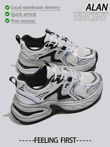 Alan Vincent[Free Returns And Exchanges][Local Delivery][Quick Arrival][City Sneaker Series]Women's Sneakers New Thick Soled Height-Increasing Women's Silver  Shoes Fashionable And Comfortable Soft Shoes Can Be Paired With Various Pants And Clothes Outdoor Sports Shoes Street Style Box Packaging - 銀色 - 查看 1